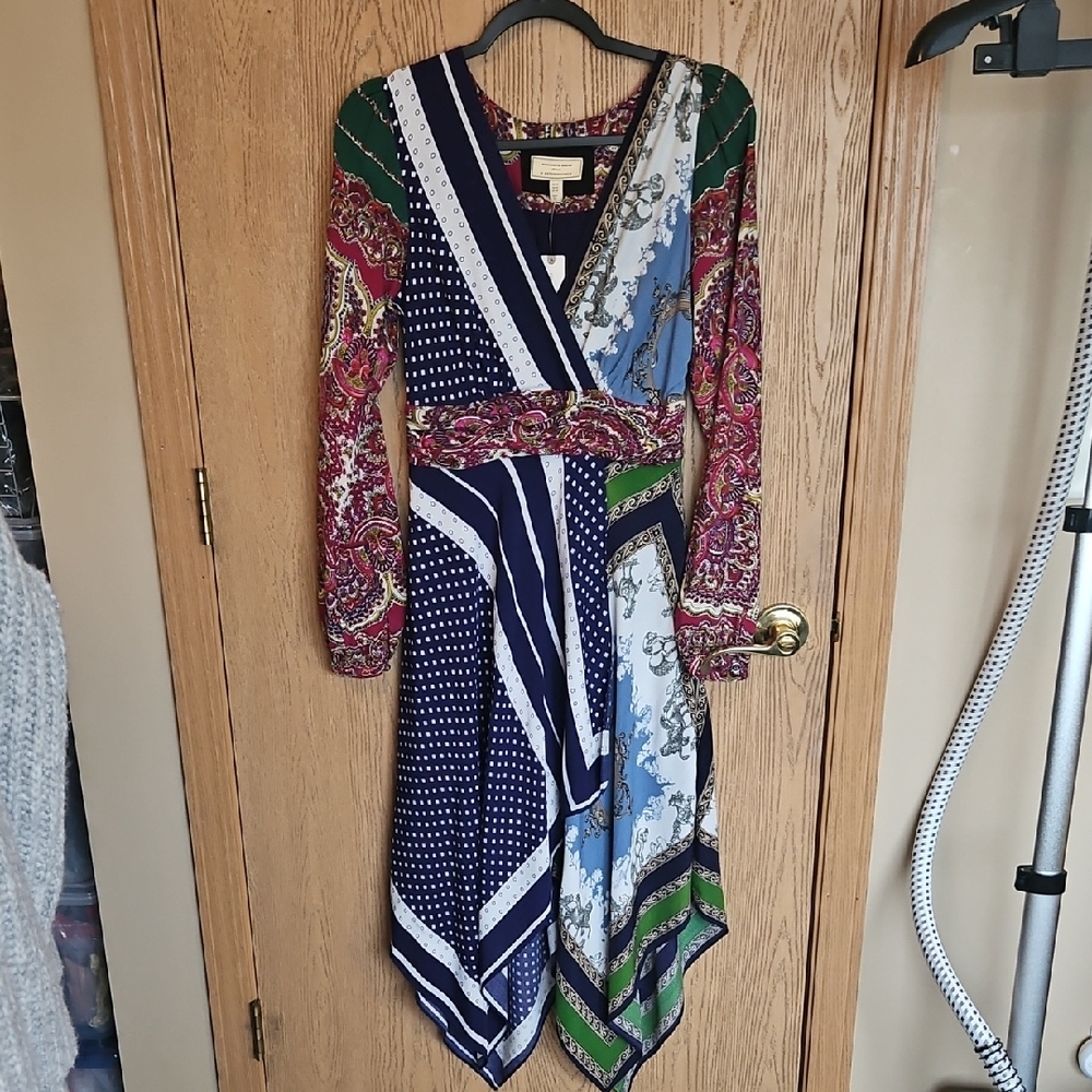 NWT Anthropologie Asymmetrical Dress in Red, Blue, and Green